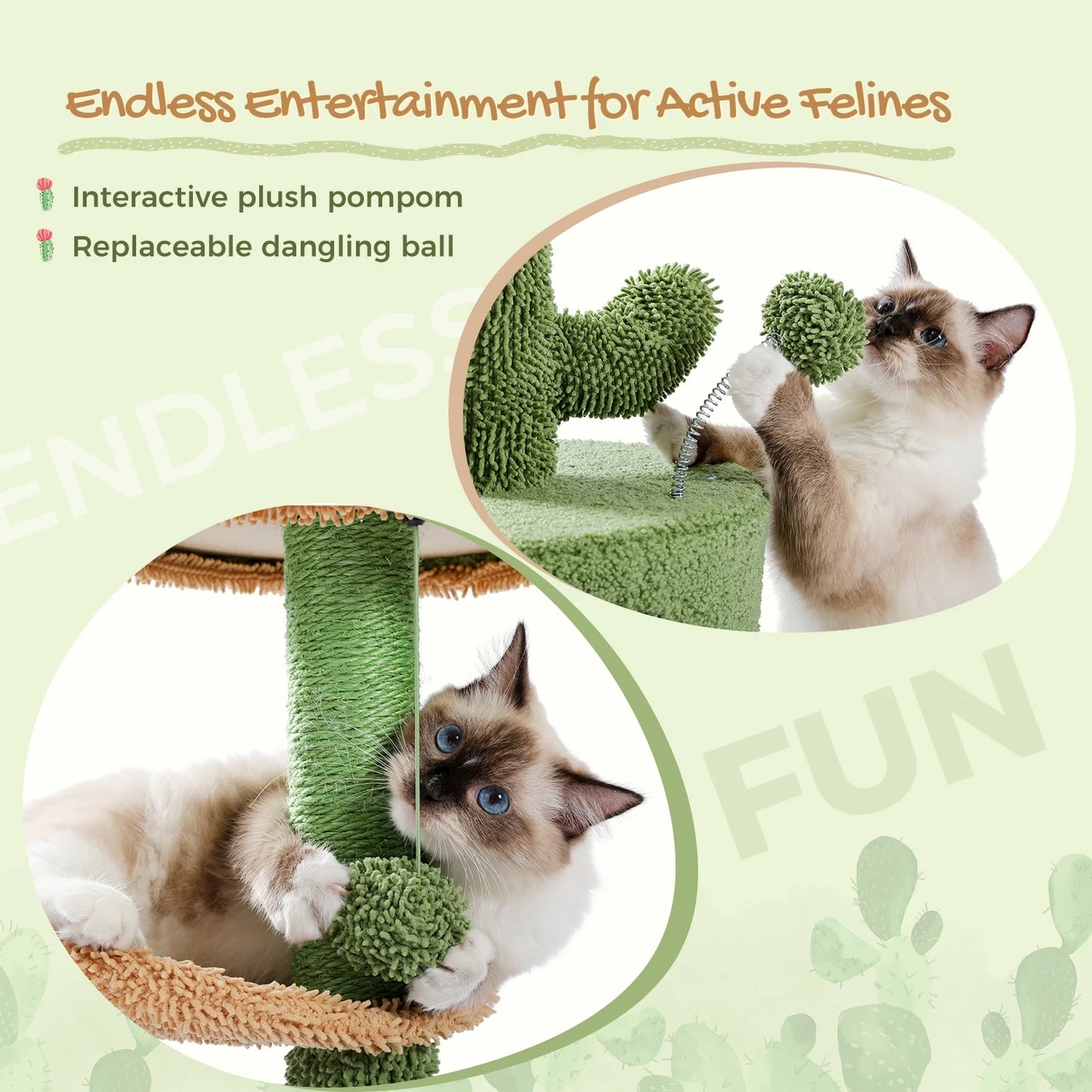 32" Cactus Cat Tree Tower with Cat Scratching Posts Cozy Condo Perch for Indoor Cats,Green