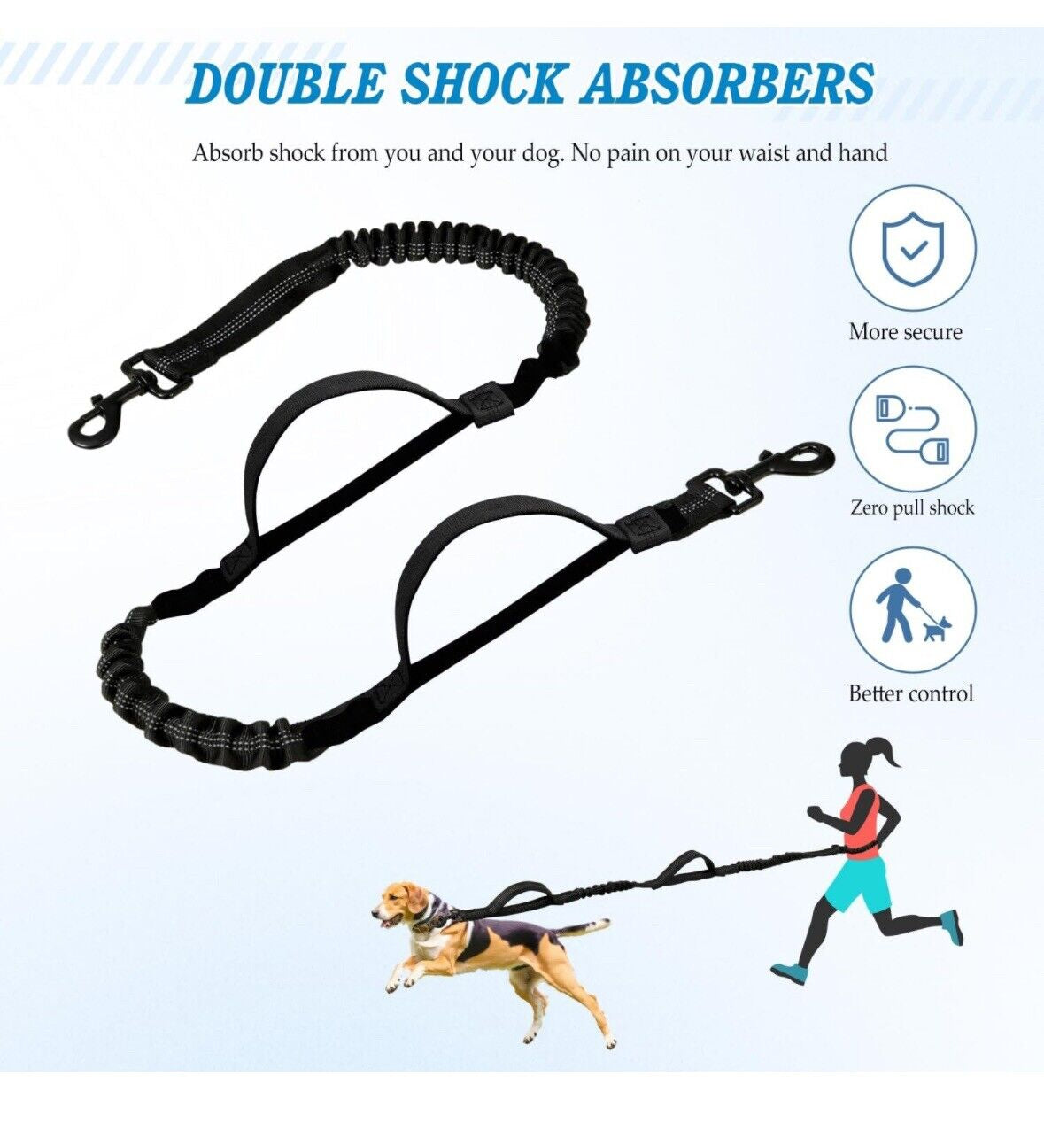 Hands Free Dog Leash with Zipper Pouch, Dual Padded Handles and Durable Bungee