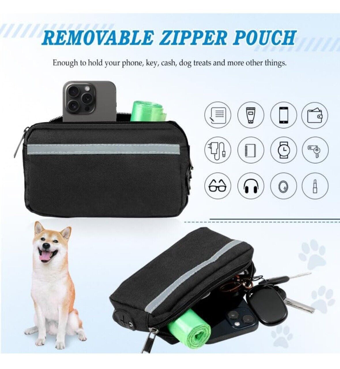 Hands Free Dog Leash with Zipper Pouch, Dual Padded Handles and Durable Bungee