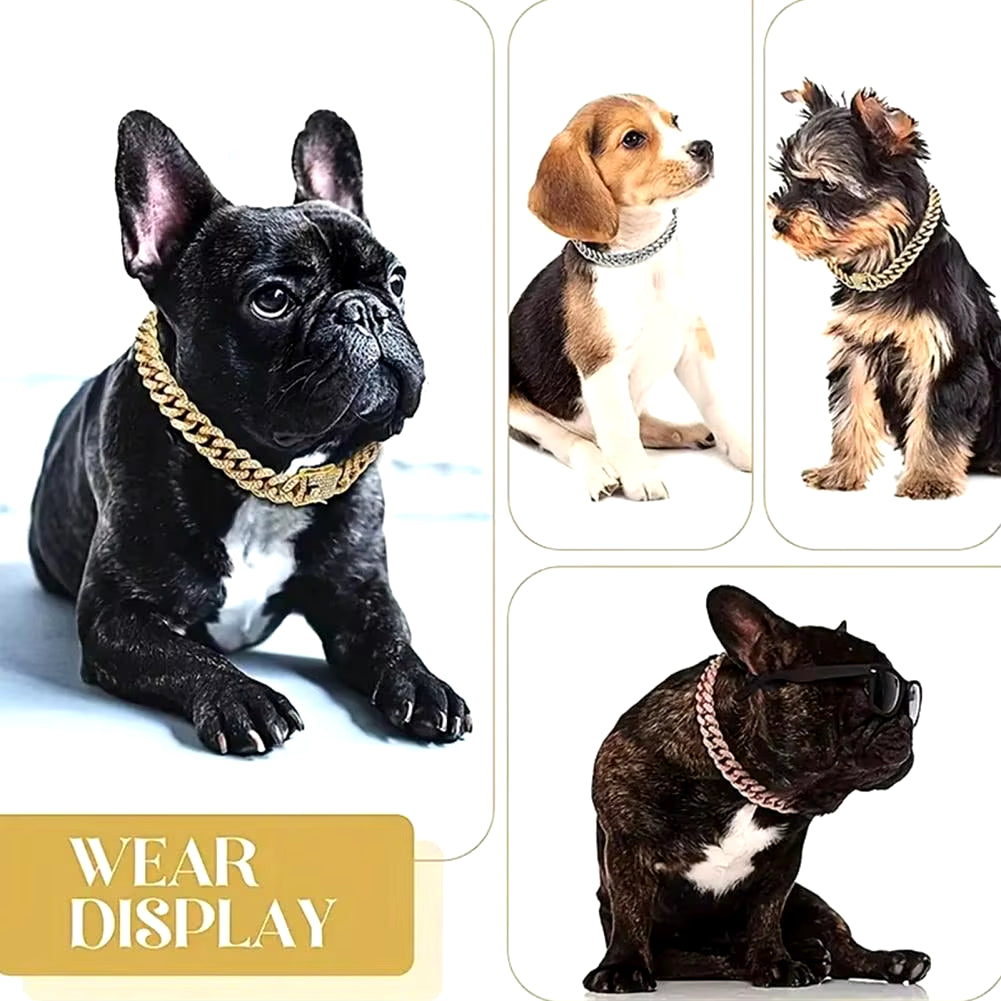 Dog Collar Sparkling Rhinestone Chain Collar for Small Medium Dogs Metal Cat Necklace with Gold Link Pet Jewelry Accessories