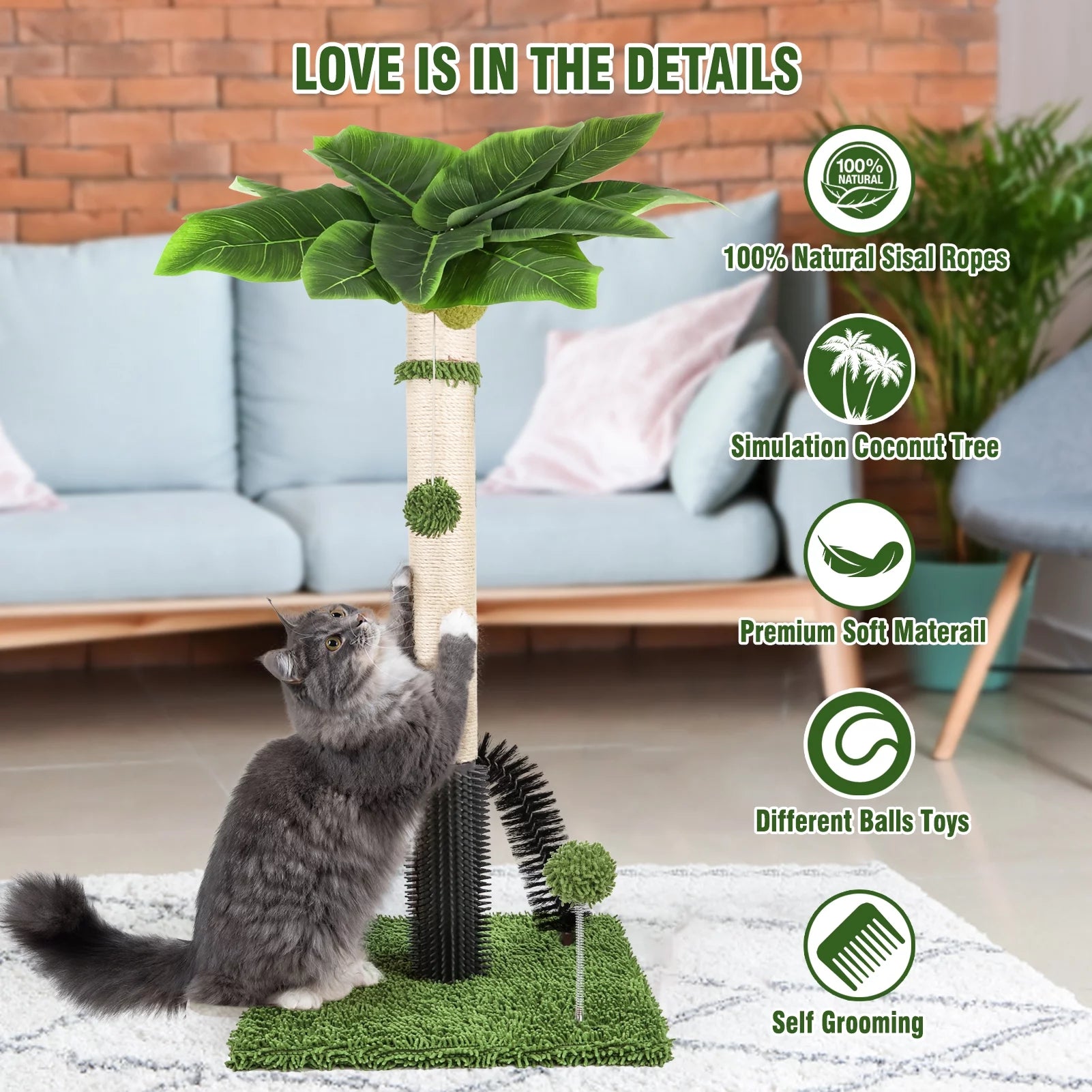 Cat Post 38" Cat Scratching Post, Scratch Posts for Indoor Cats with Dangling Ball, Spring Ball (Green)
