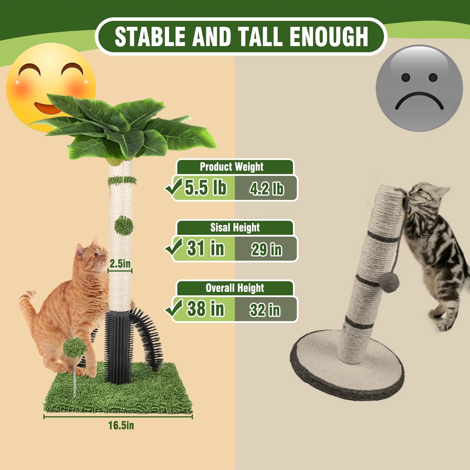Cat Post 38" Cat Scratching Post, Scratch Posts for Indoor Cats with Dangling Ball, Spring Ball (Green)