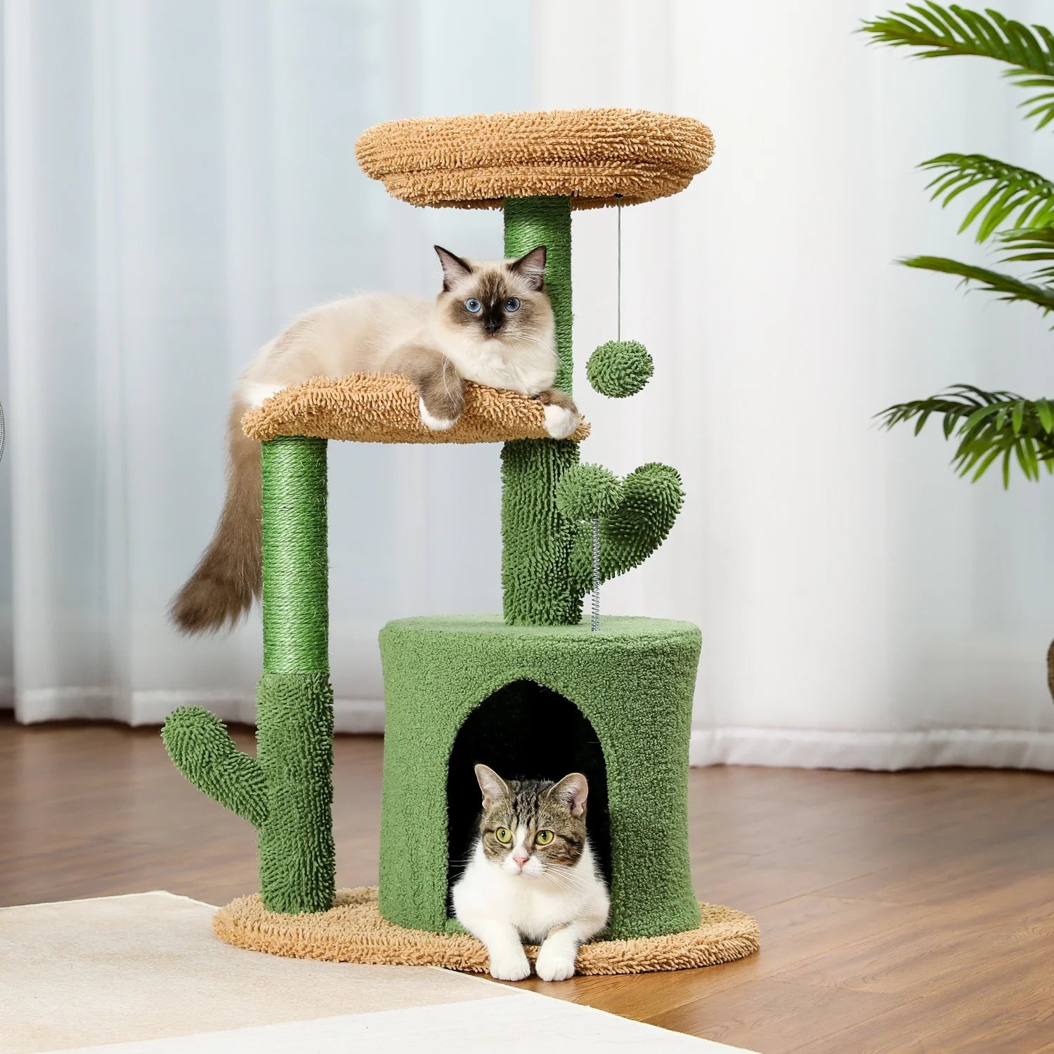 32" Cactus Cat Tree Tower with Cat Scratching Posts Cozy Condo Perch for Indoor Cats,Green