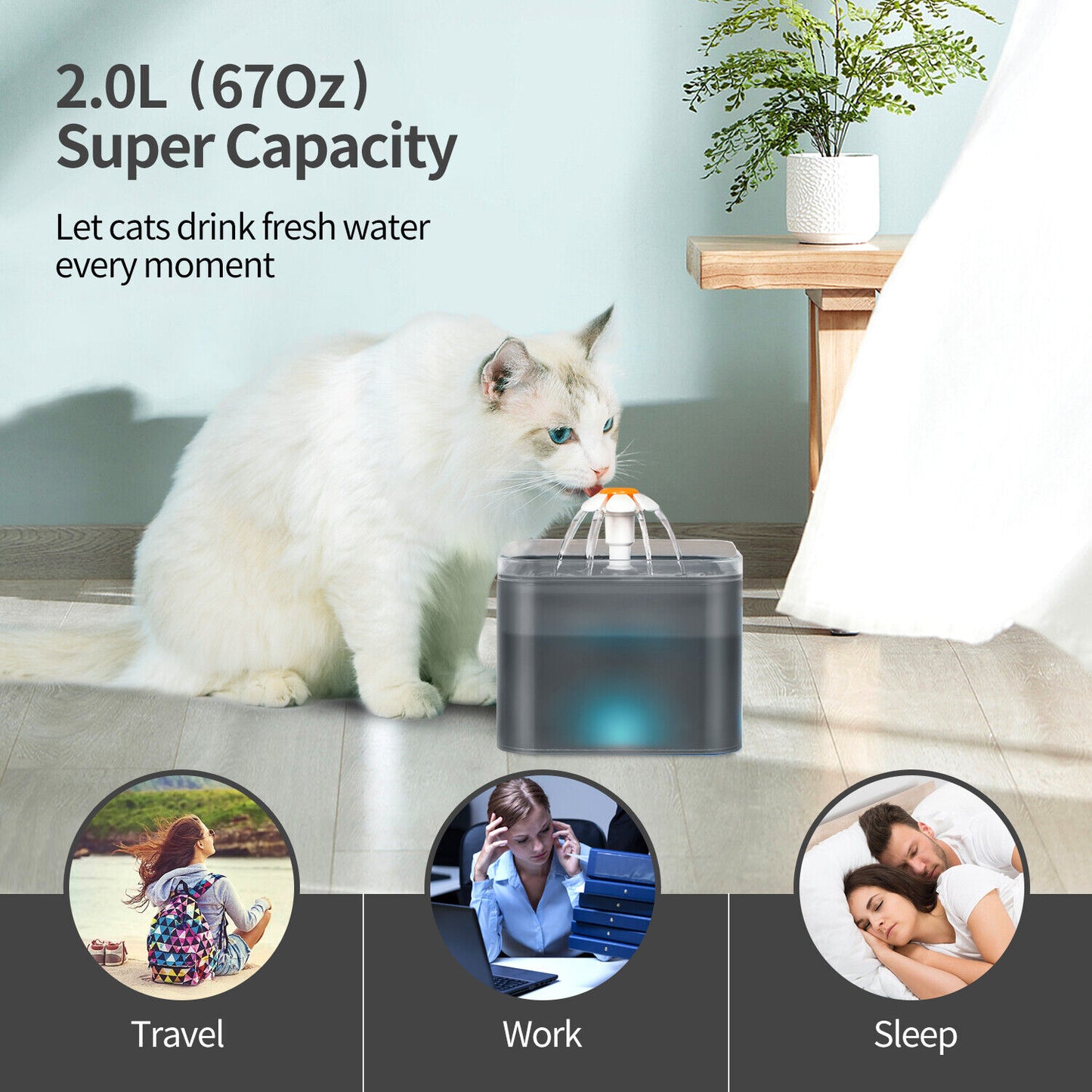 2L Pet Water Fountain Automatic LED Auto Dish Drinking Dispenser Bowl