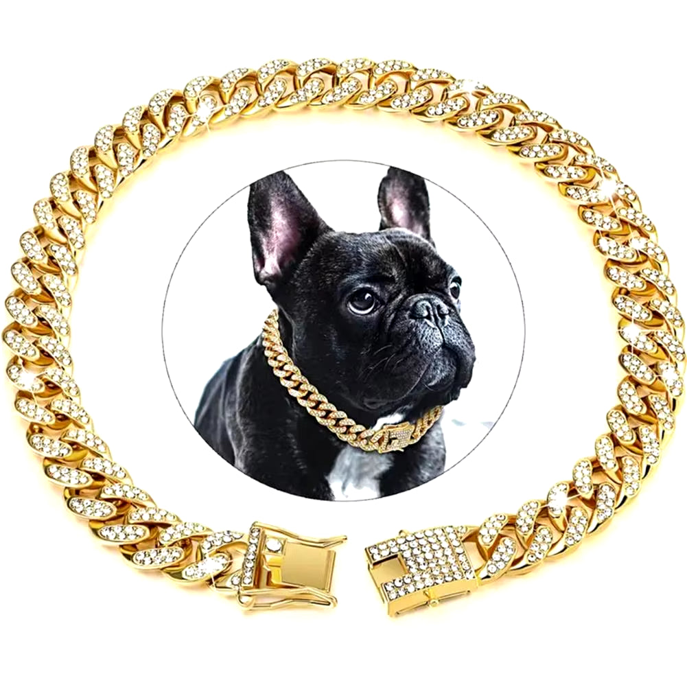 Dog Collar Sparkling Rhinestone Chain Collar for Small Medium Dogs Metal Cat Necklace with Gold Link Pet Jewelry Accessories